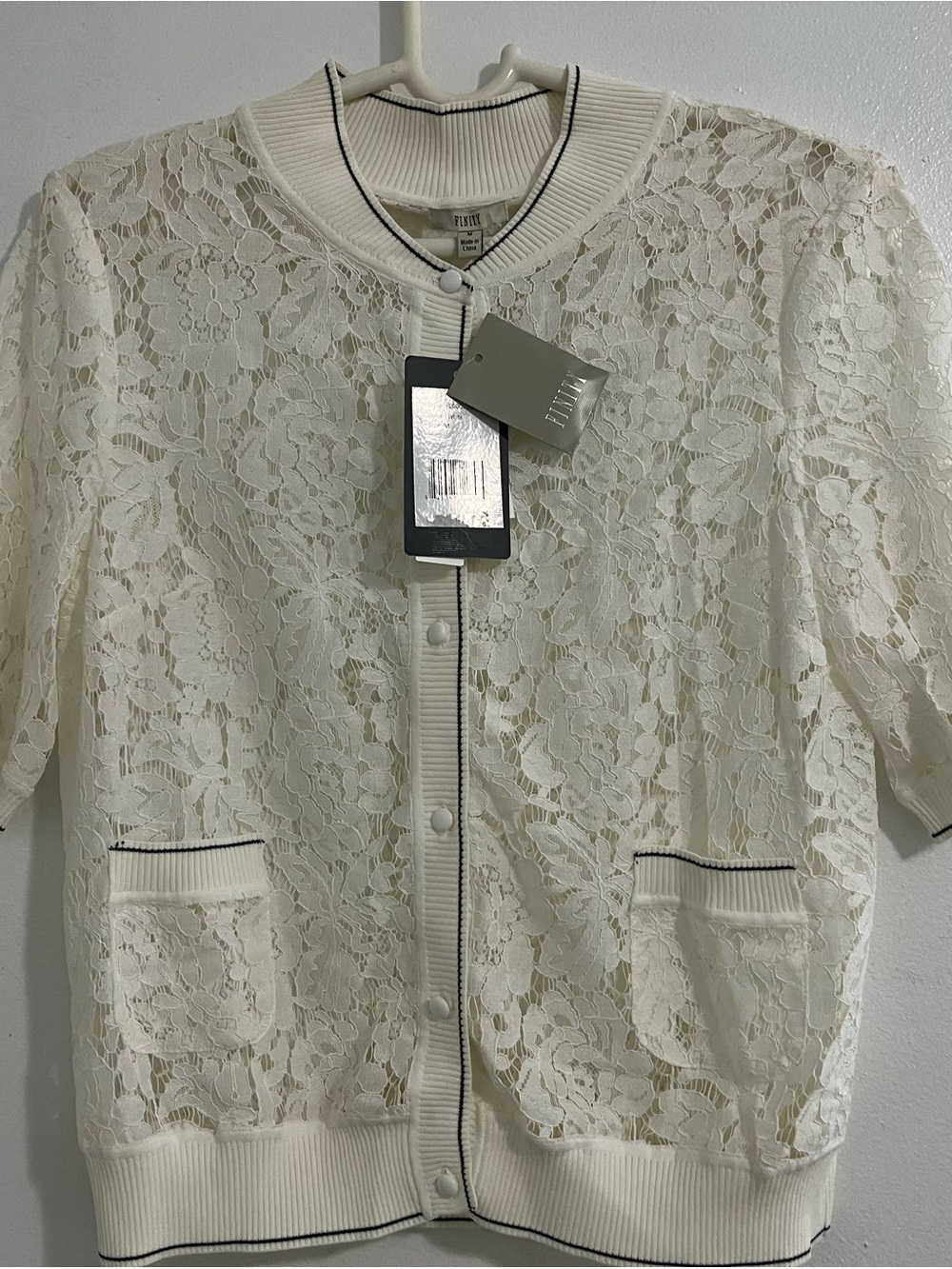 Finity Ivory Lace Button Cardigan with Contrast Trim